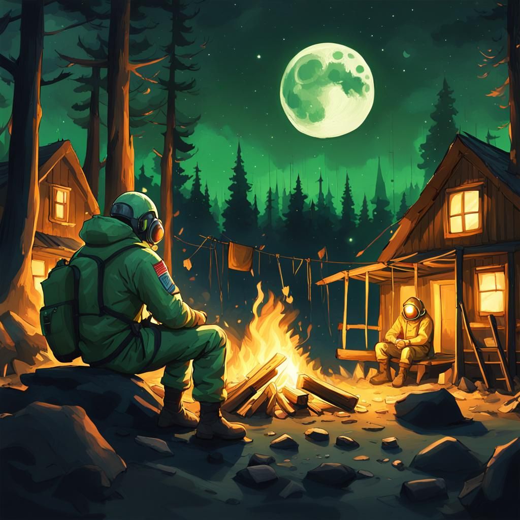Post-Apocalyptic Campfire Scene with Hazmat Suit Figure