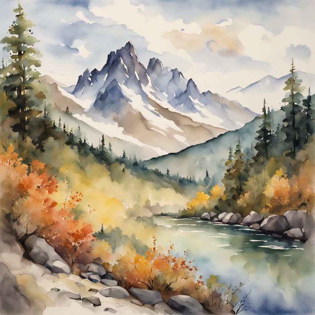 Watercolor Mountain Landscape With Rocky Path