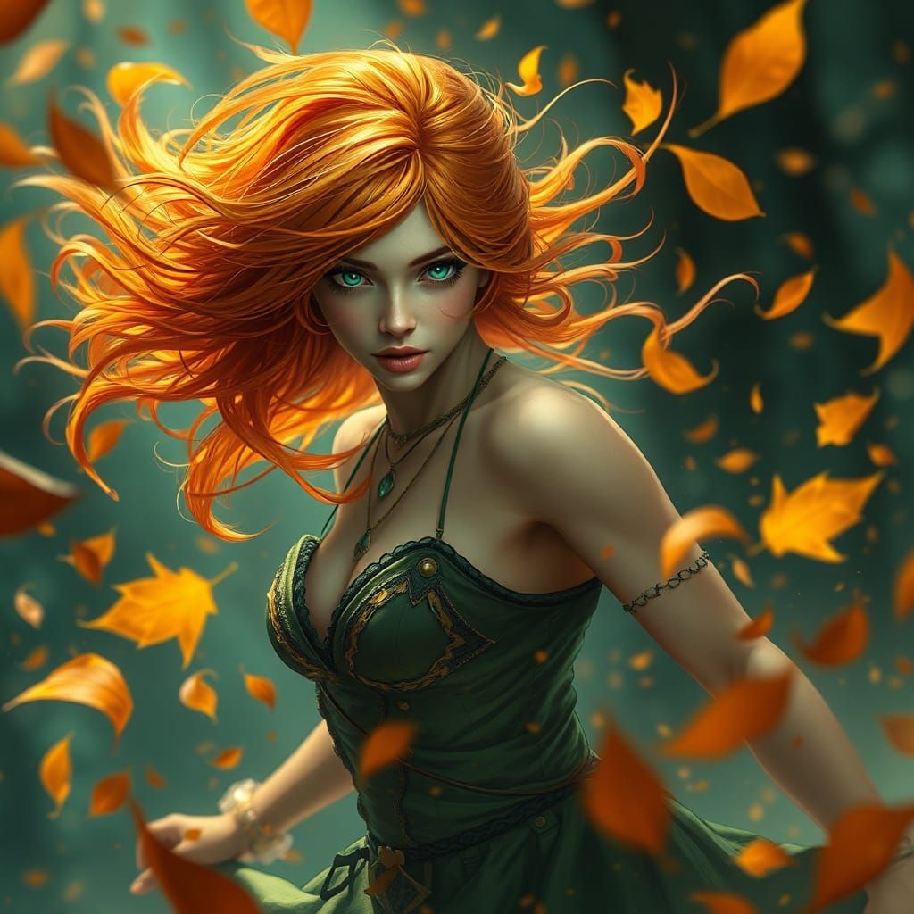 Whirling Autumn Witch Art Nouveau Style