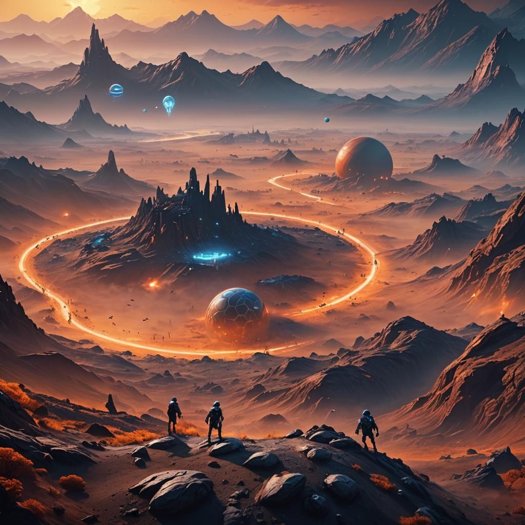 Aliens Playing Football on Strange Planet in Matte Painting