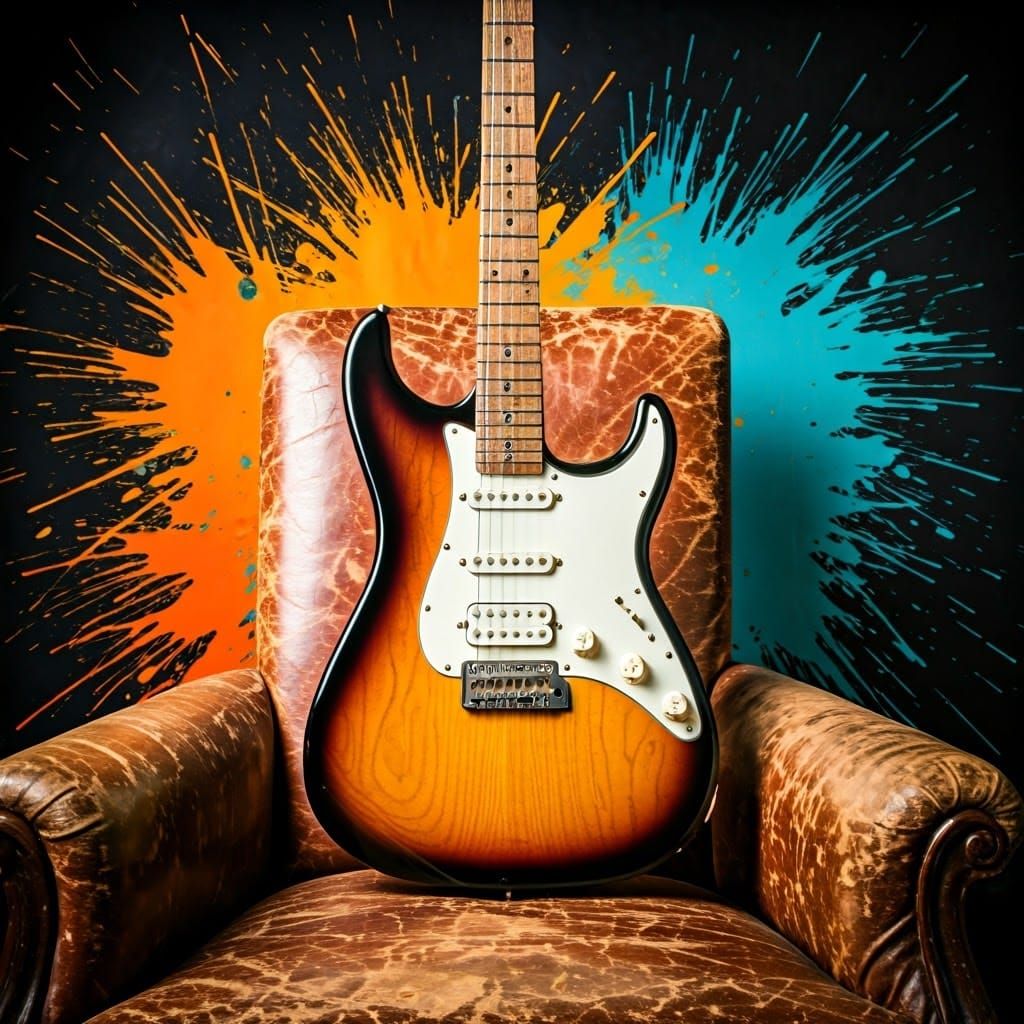 Electric Guitar on a Rocking Chair in Vibrant Art