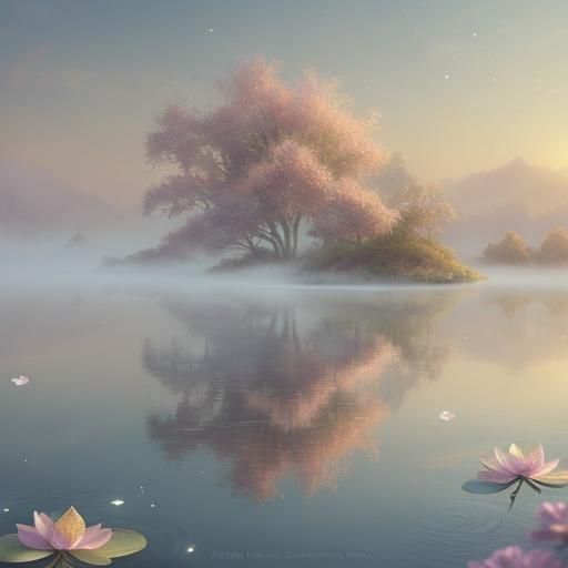 Ethereal Flower on Calm Lake: Dreamy Fantasy