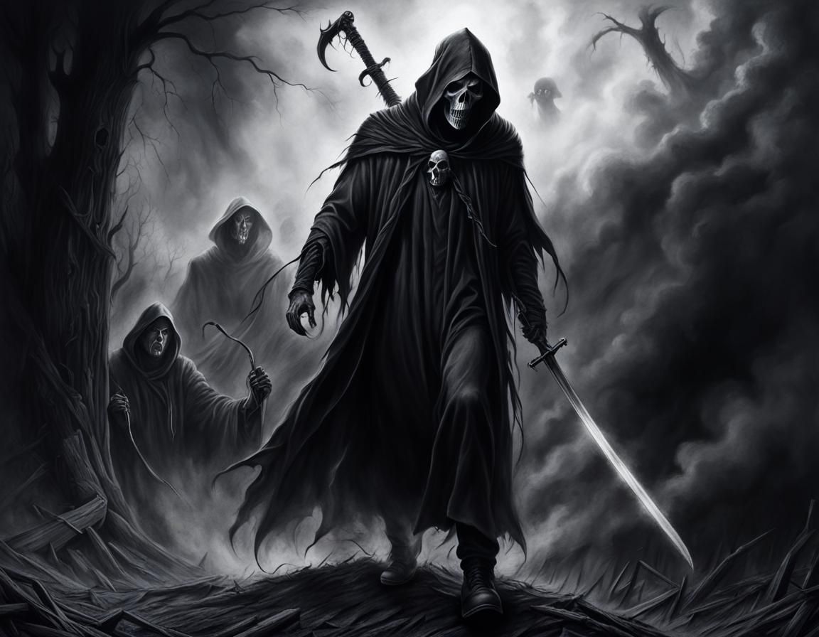 Shocked Man Confronts the Grim Reaper: Charcoal Drawing