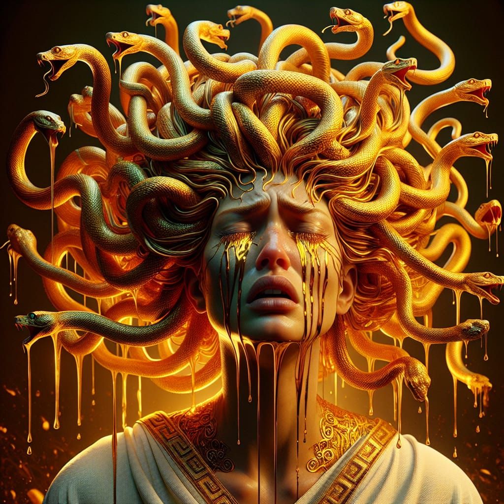 Medusa crying tears of gold: wearing a greek chiton