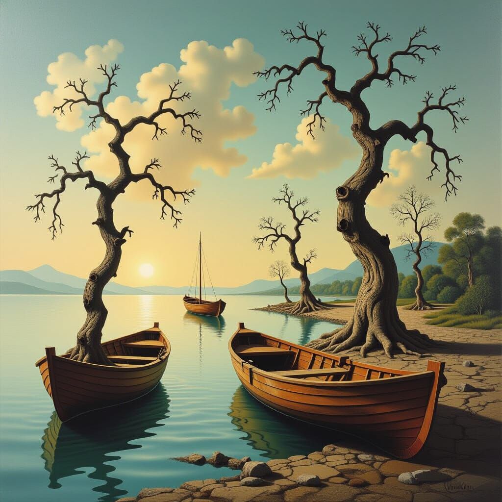Dreamlike Trees and Boats in Surrealist Style