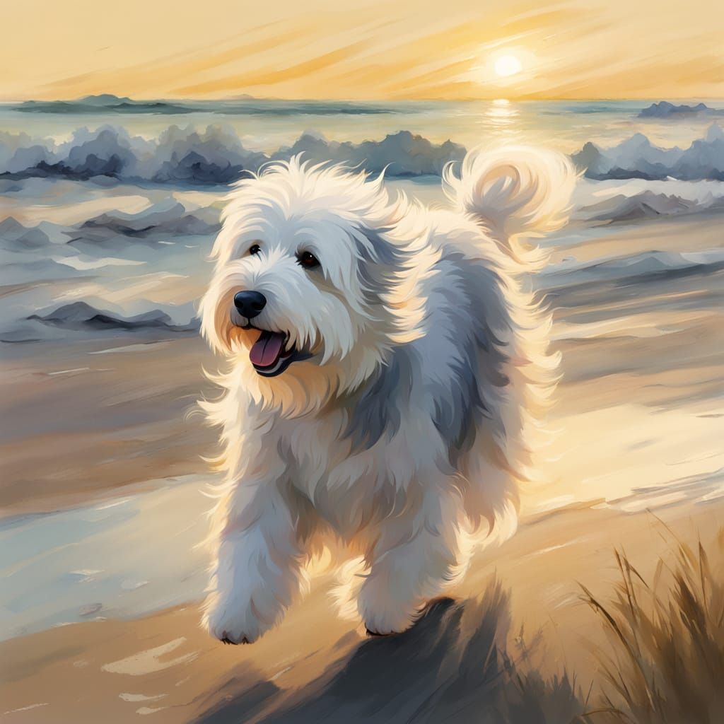 Old English Sheepdog Running on Beach in Impressionist Water...