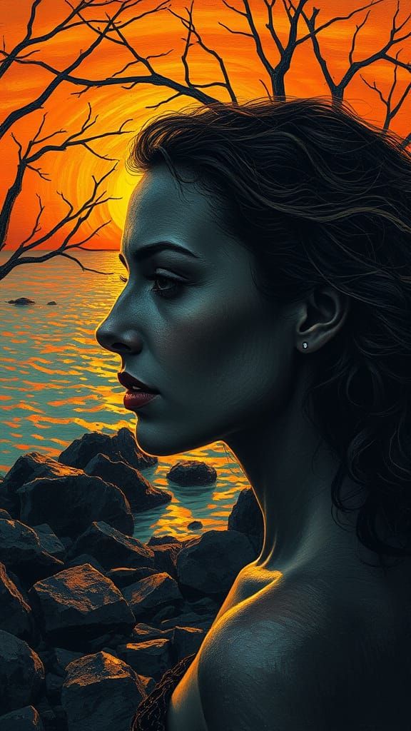 Surreal Portrait of Dark Gray Woman Merging with Sunset Land...