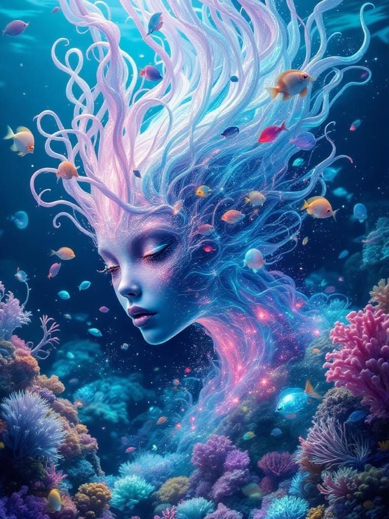 Bioluminescent Alien in Coral Reef, Ghibli Style