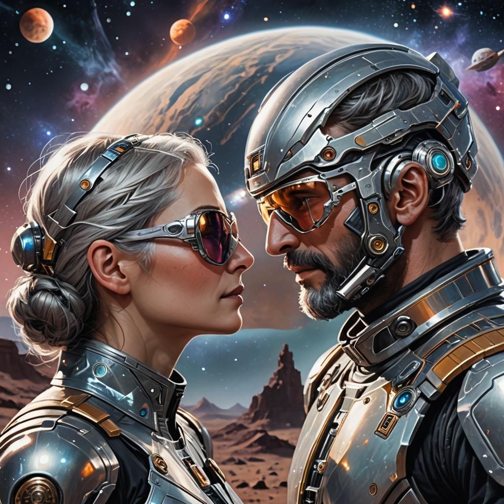 Sci-Fi Couple's Loving Moment in Holographic Illustration