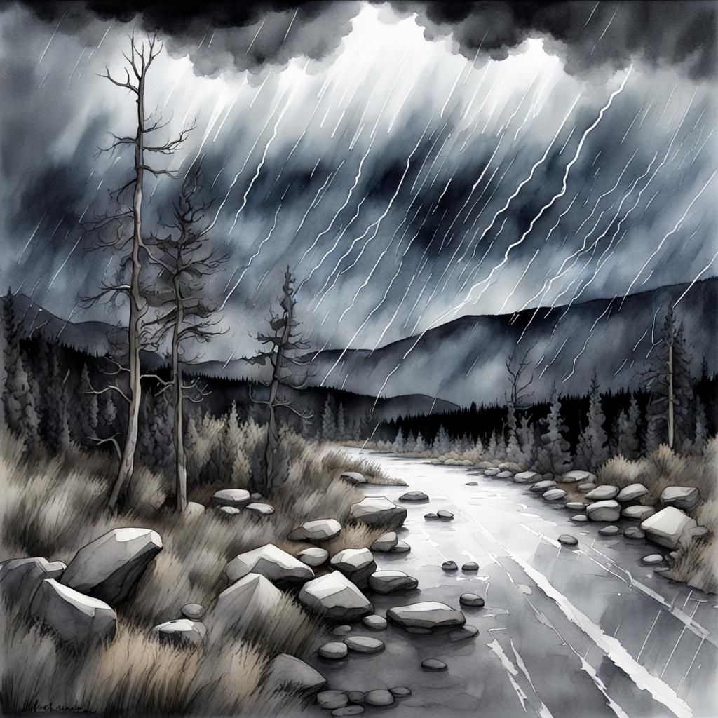 Rocky Mountain Rainstorm at Night in Watercolor