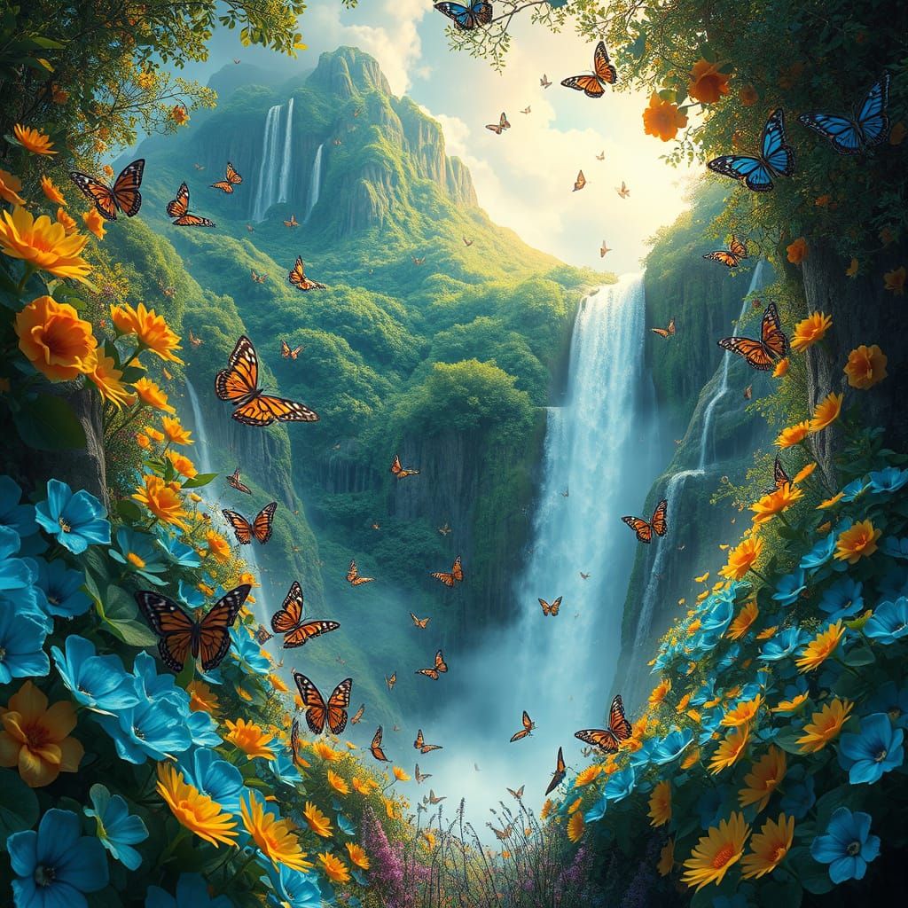 Lush Mountain Waterfall with Iridescent Butterflies