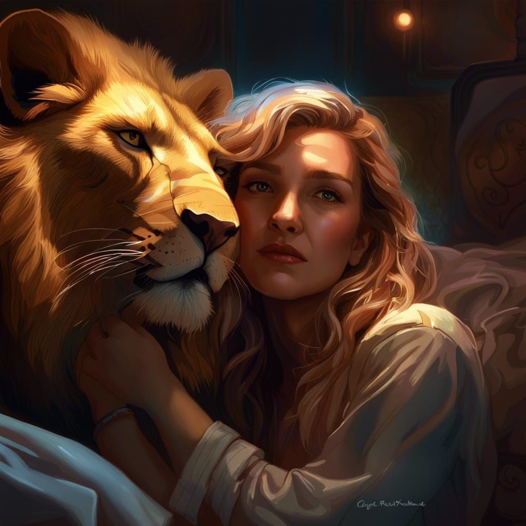 Drew Barrymore and Lion Cub: Hyperdetailed Portrait