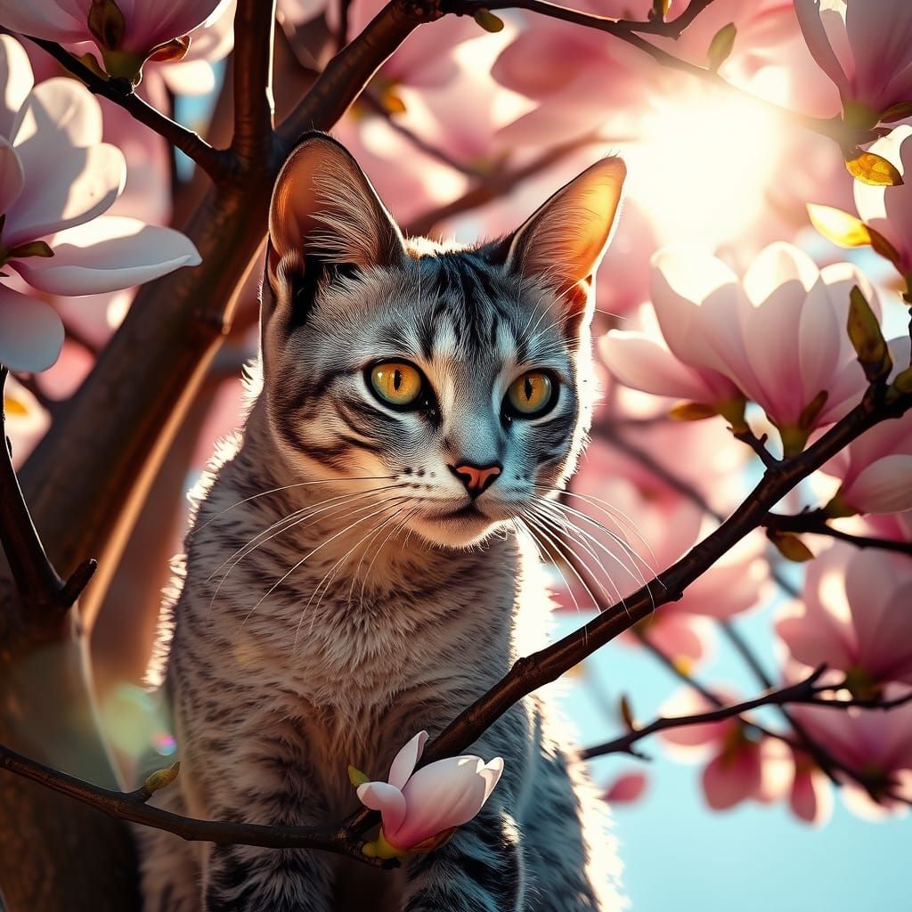 Silver Black Cat In Magnolia Tree Portrait