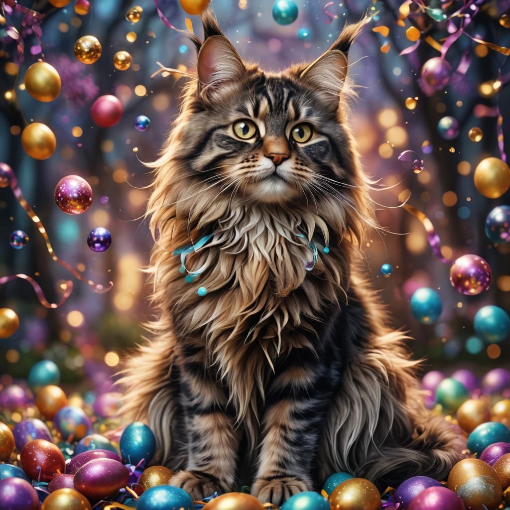 Maine Coon Cat with Easter Eggs in Matte Painting Style