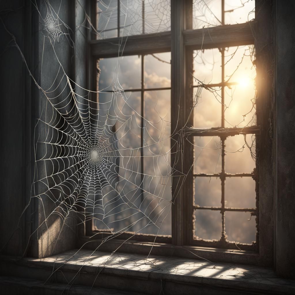 Spiderweb Shimmers in Abandoned Window, Matte Painting