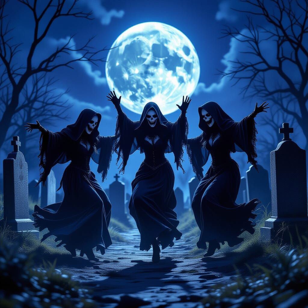 Spectral Ghouls Dancing in Moonlit Graveyard