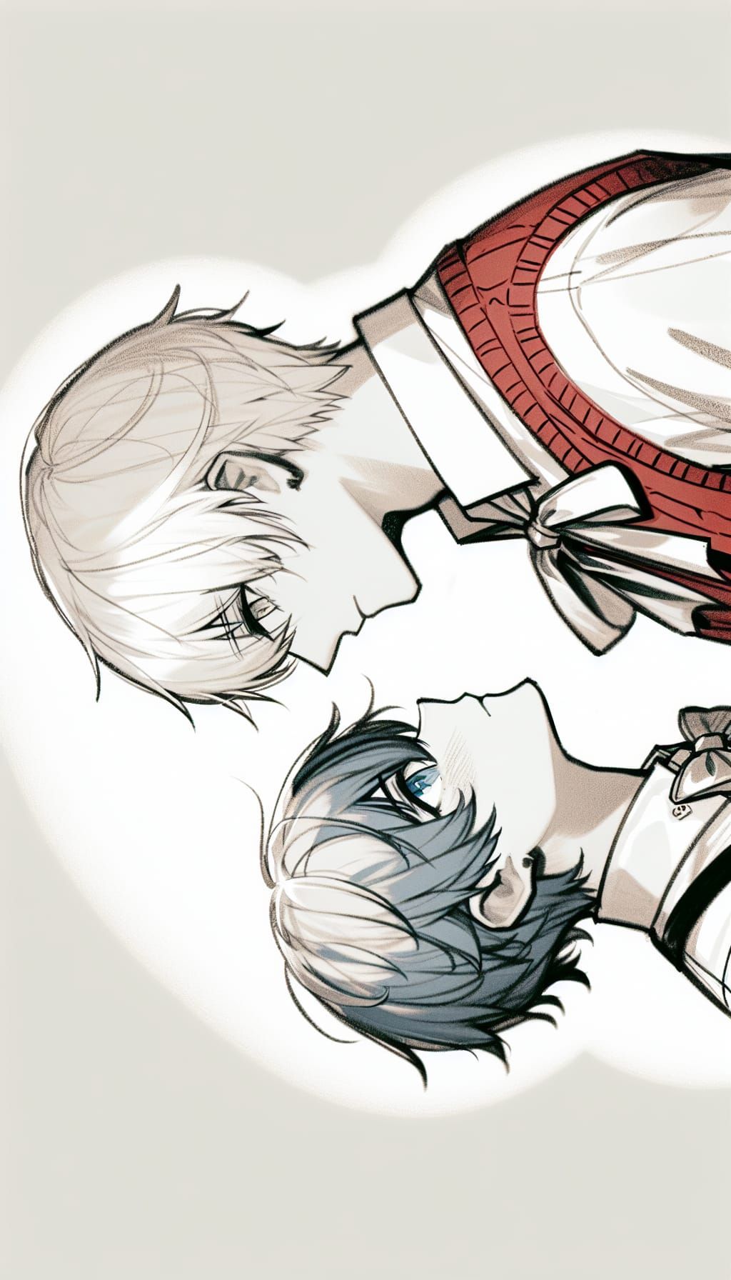 Create a minimalist, unrefined graphite sketch with visible strokes in a bishonen anime style of a romantic couple, wher...