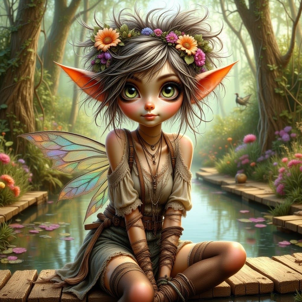 Whimsical Punky Pixie in Forest, Digital Art