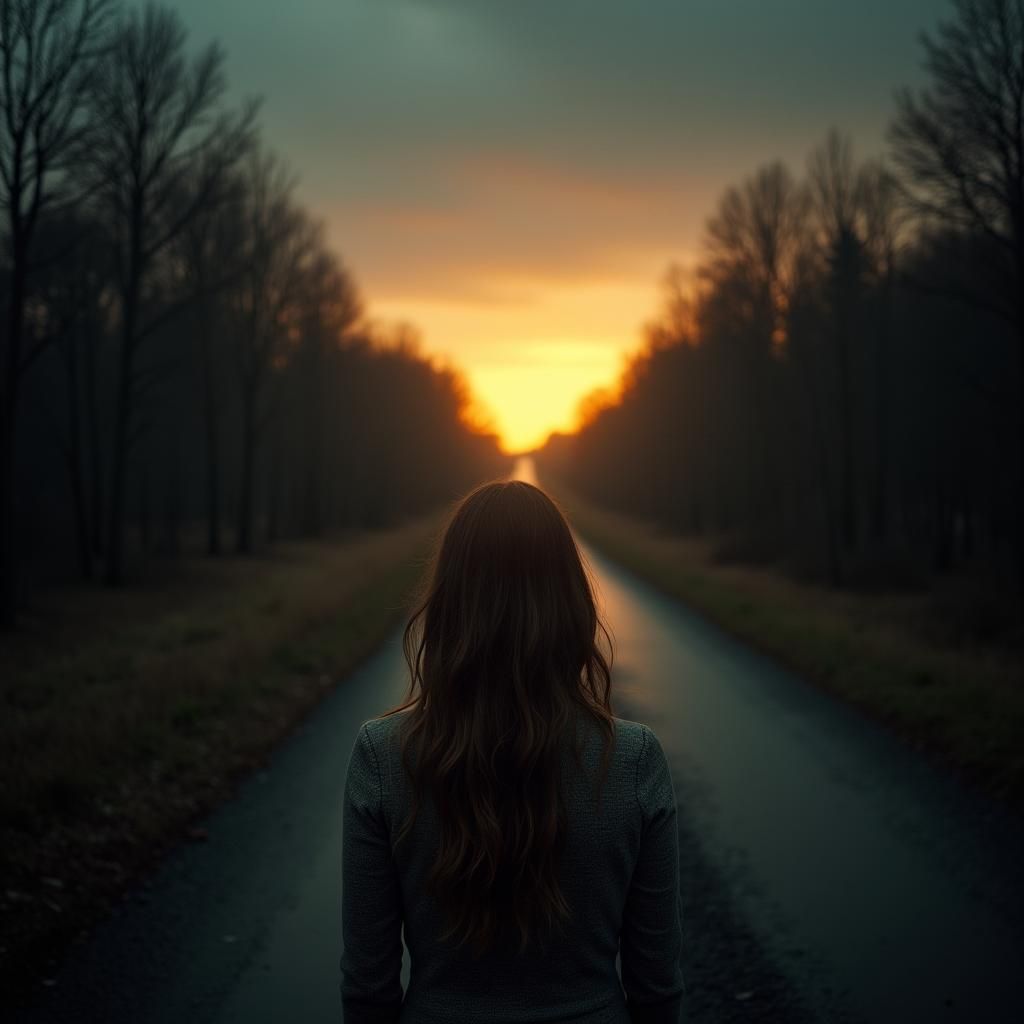 Haunting Twilight Landscape with Woman in Rural Setting