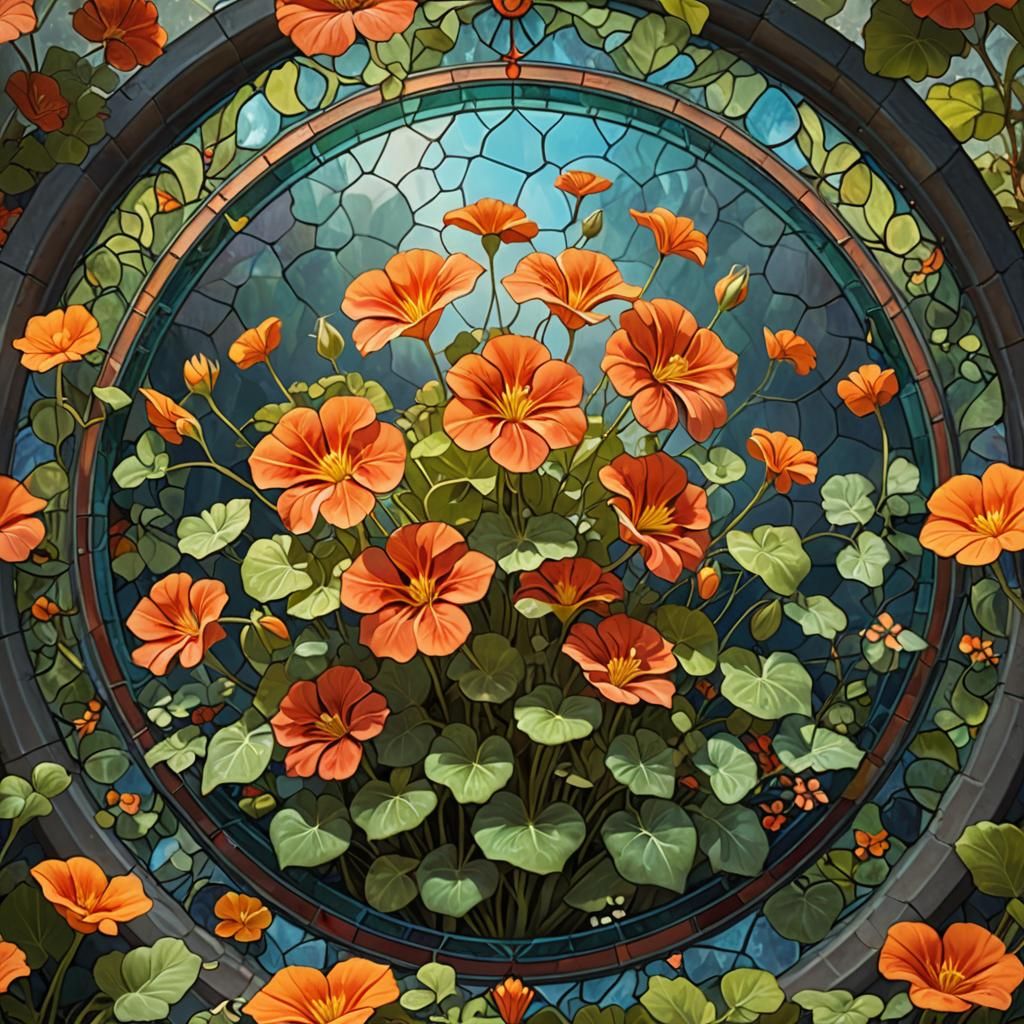 Vibrant Stained Glass Nasturtium Flower: Fantasy Concept Art