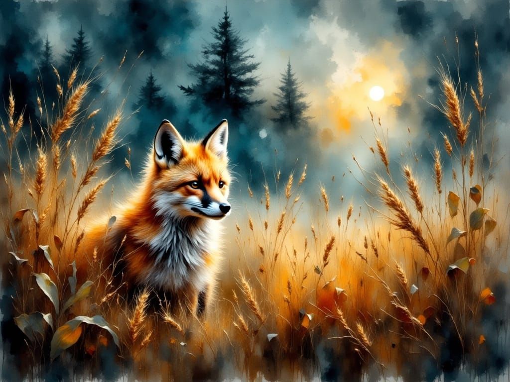Vibrant Fox in Foggy Cornfield at Night
