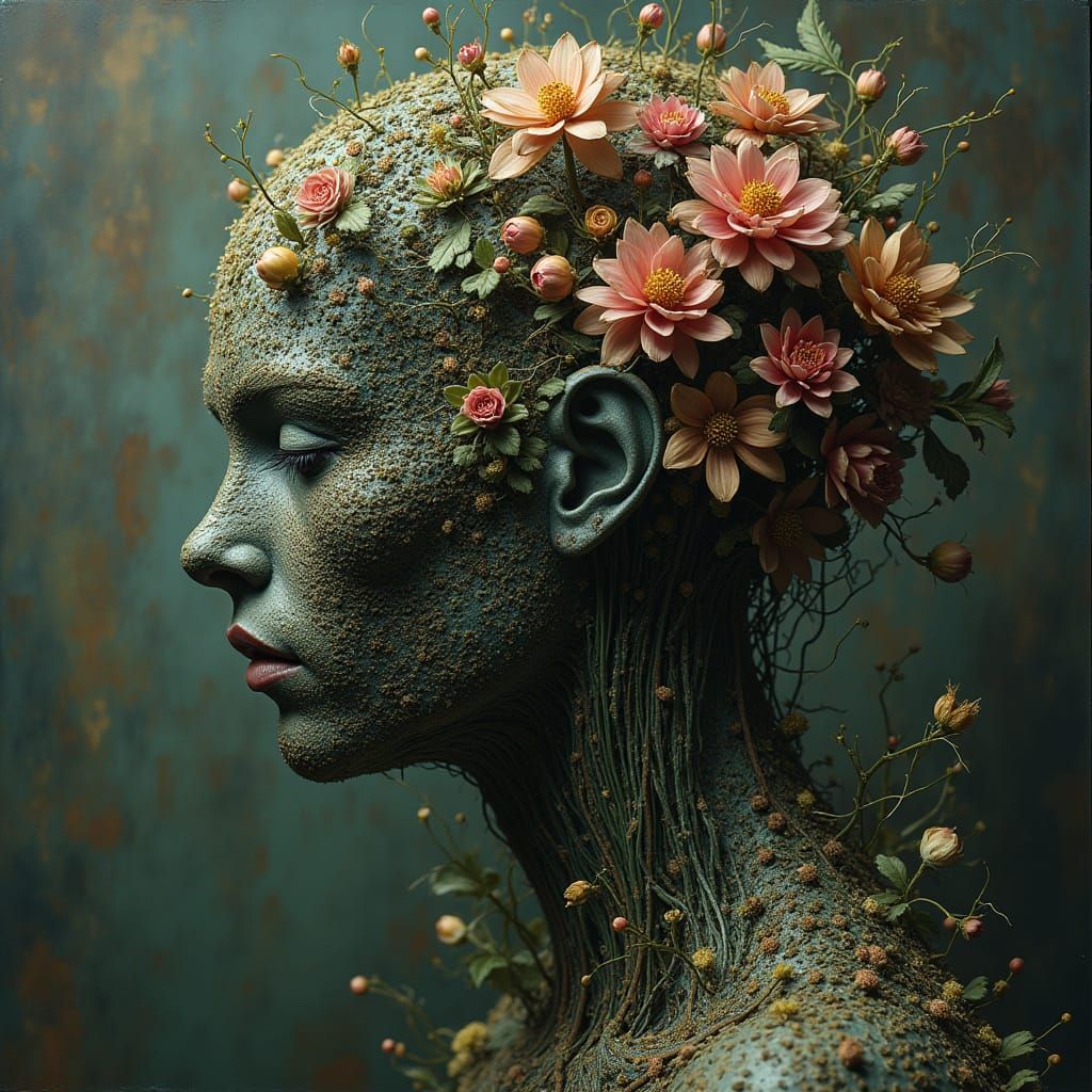 Botanical Cyborg in Brutalist Style, Thick Impasto Oil Paint