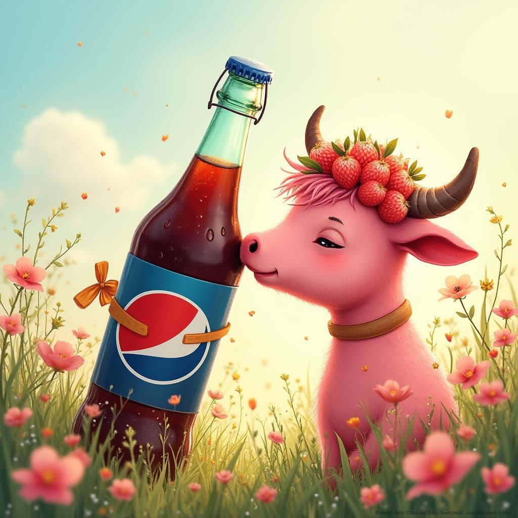 Strawberry Cow Kisses Pepsi Bottle in Meadow