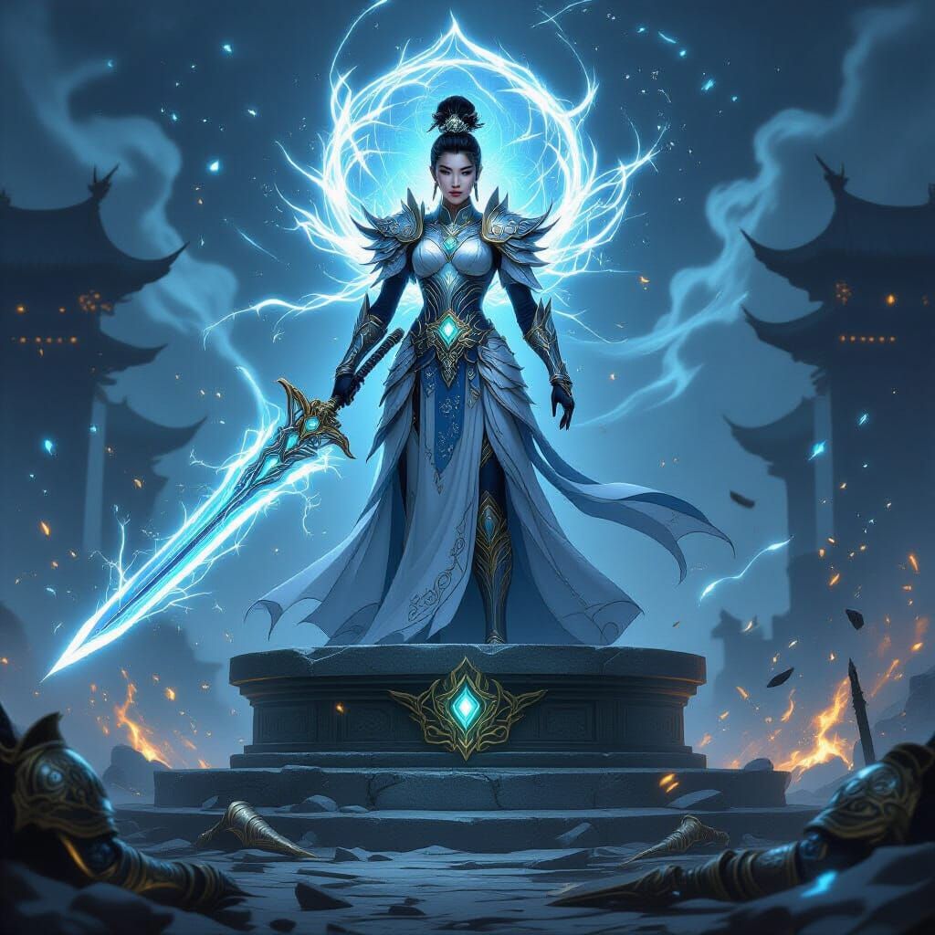 Elegant East Asian Champion in Celestial Armor on Battlefiel...