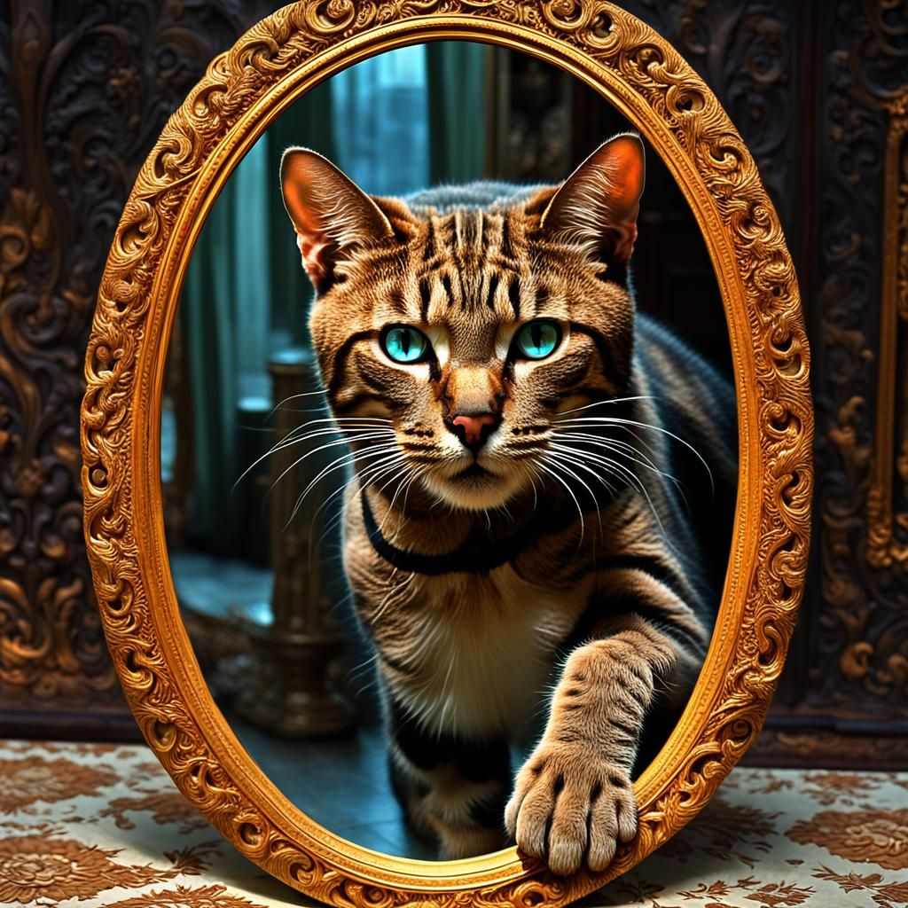 Cat's Surreal Mirror Reflection: Hyperrealistic Digital Art