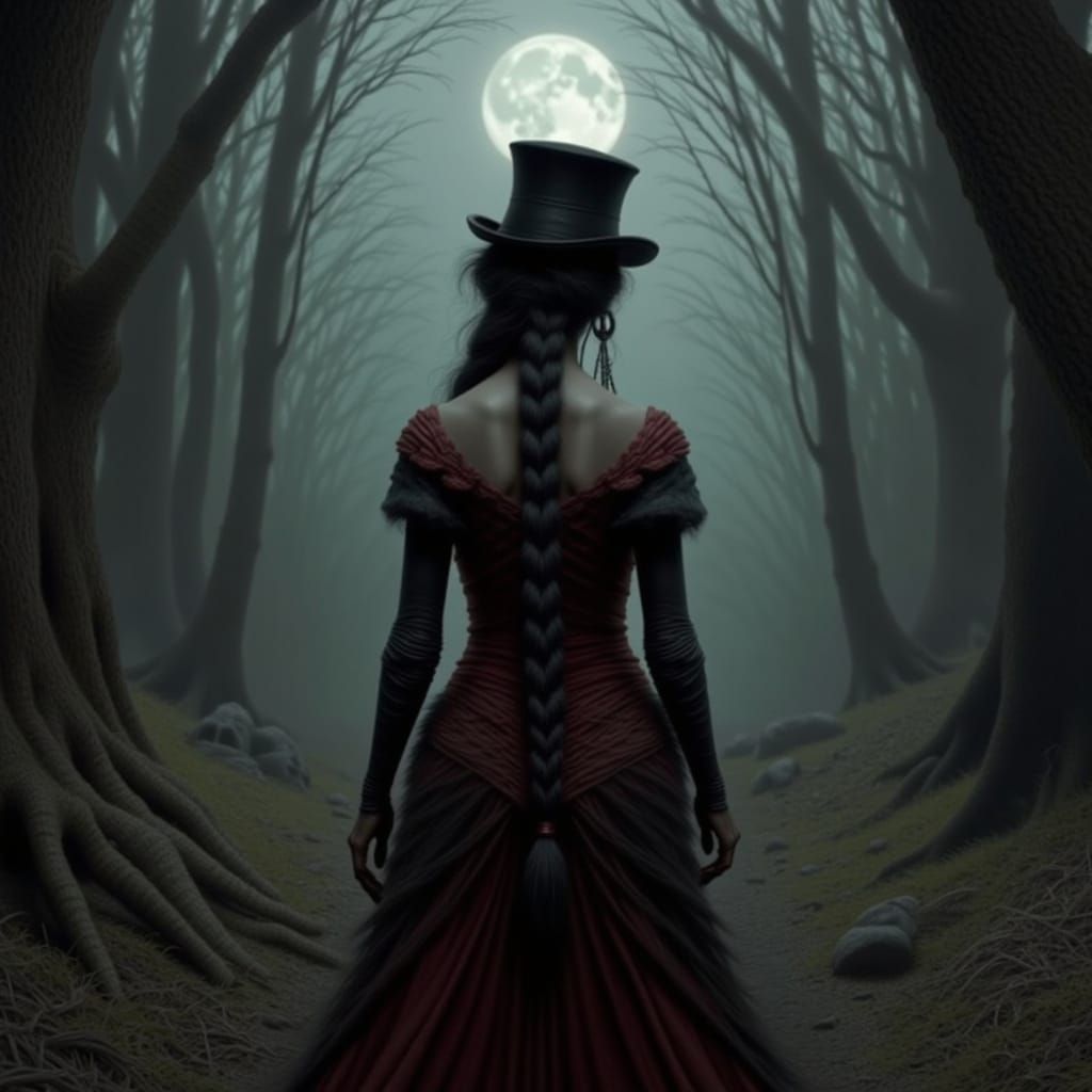 Gothic Woman in Black and Red Dress Walks into Moonlit Fores...