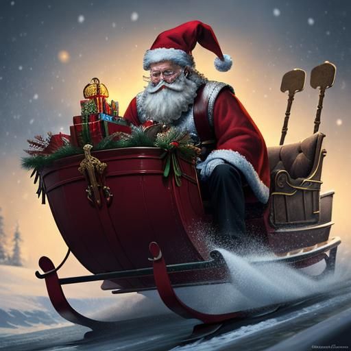 Hyperrealistic Santa on Sleigh in Splash Art Style