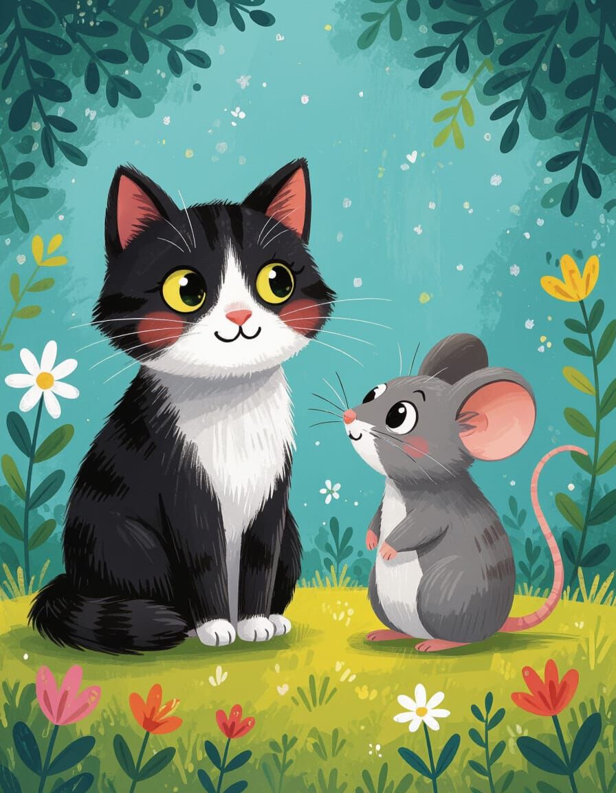 Whimsical Cat and Mouse Friendship Illustration