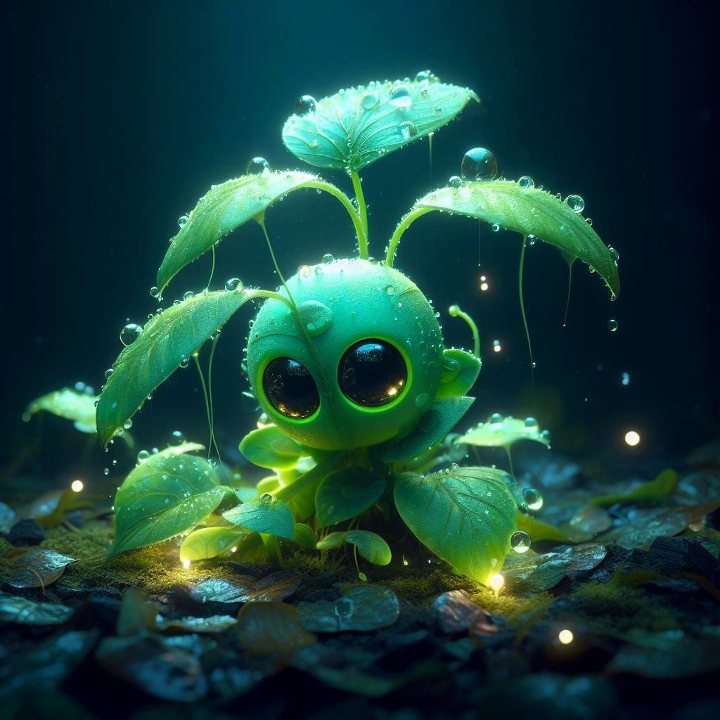 Bioluminescent Plant Creature with Glowing Eyes