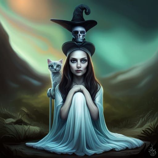 Cute Baby Skeleton Creature with Kitten, Digital Art