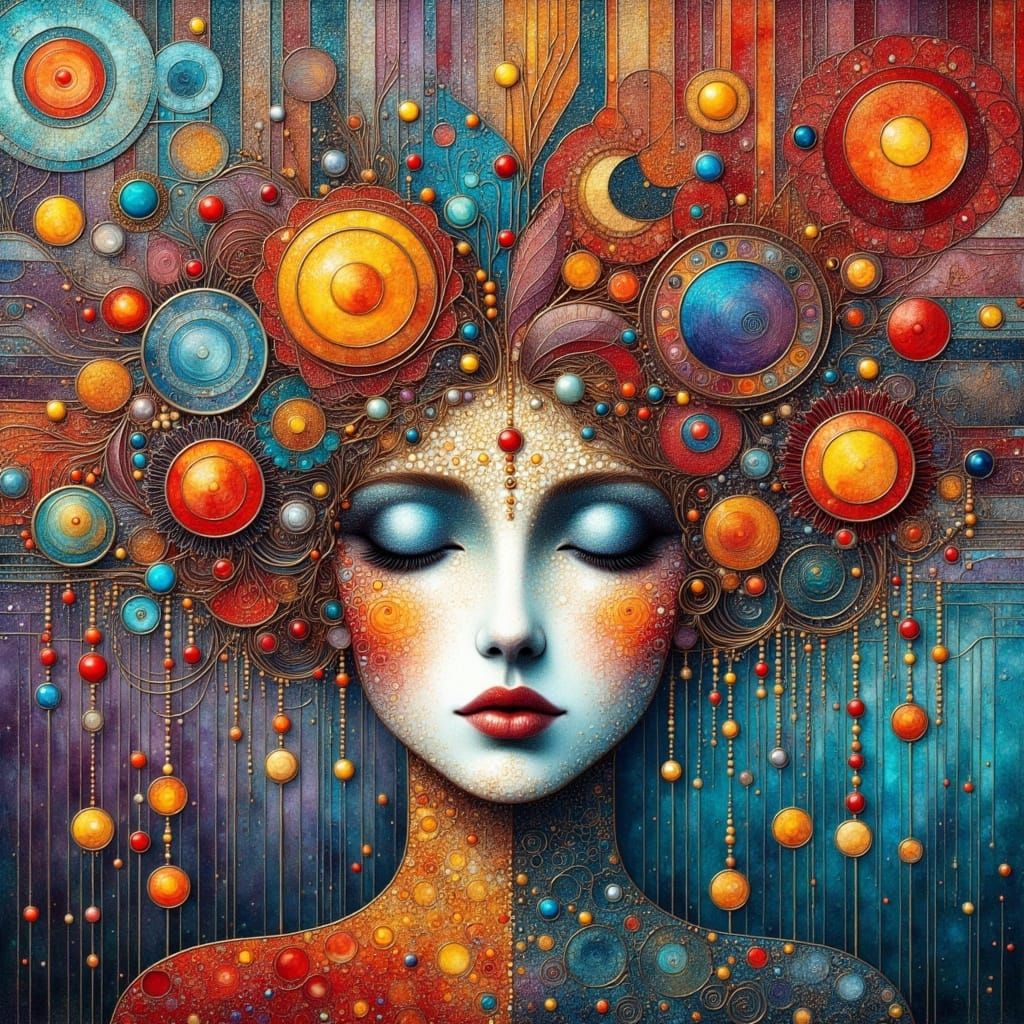 Vibrant Folk Art Portrait of a Cat with Abstract Expressions