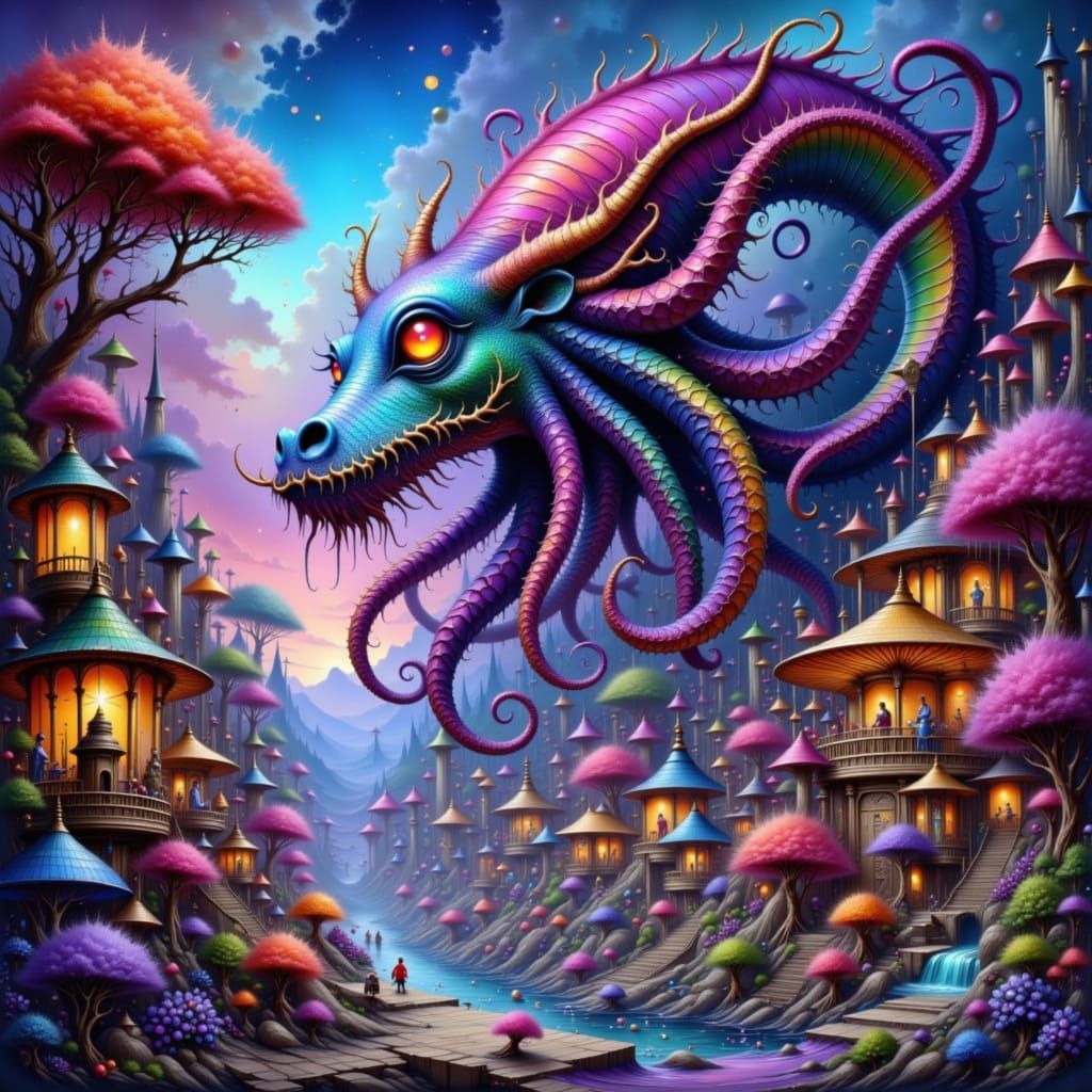 Mystical Octopi-Dragon Hybrid in Abandoned Carnival