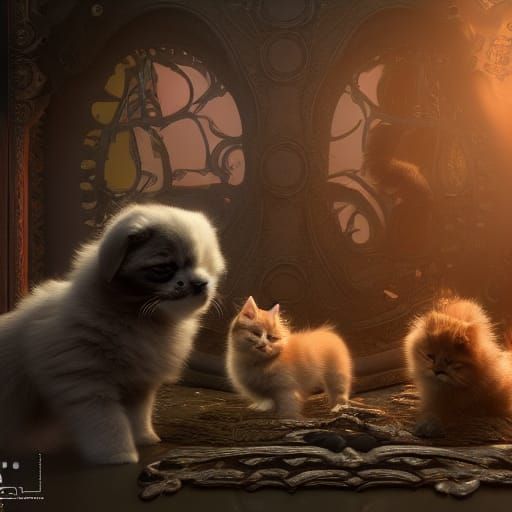 Puppies and Kittens in Detailed Matte Painting