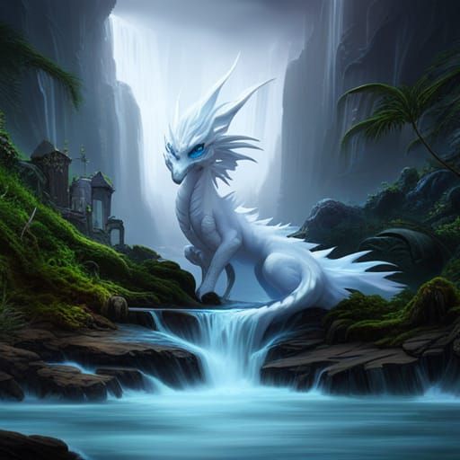 White Dragon in Ethereal Waterfall: Fantasy Art