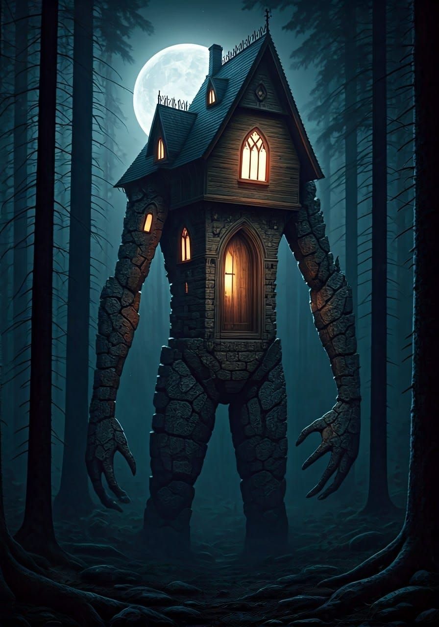 Gothic Cathedral Humanoid Stands Amidst Moonlit Forest