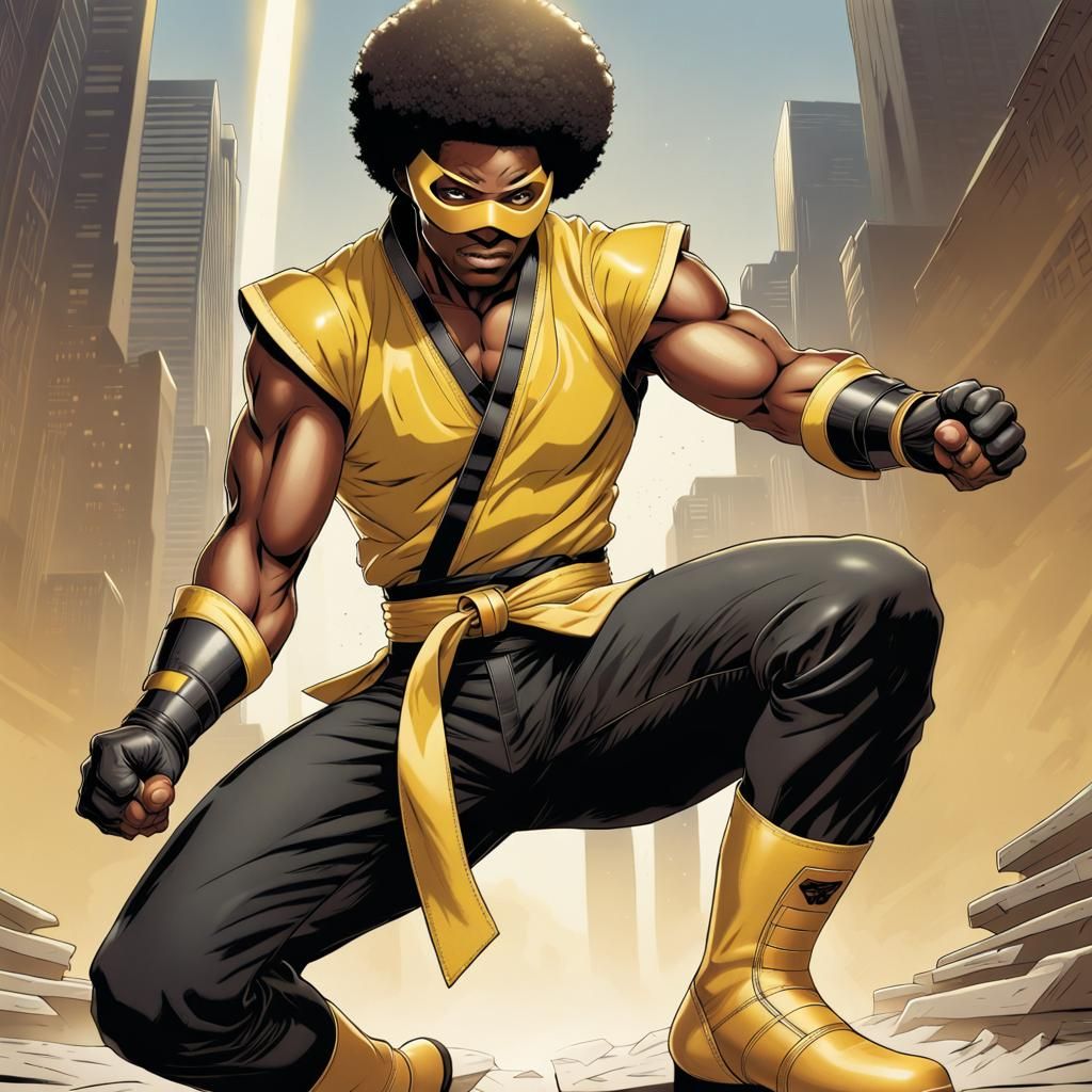 Afro Superhero with Golden Fist Fighting Ninjas