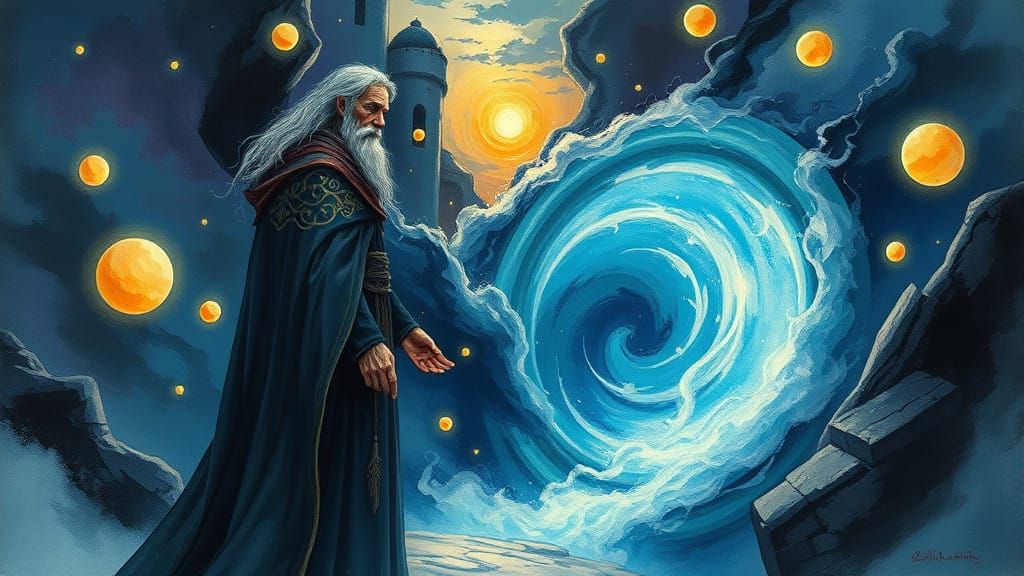 Dreamlike Encounter with a Mystic Figure in a Celestial Port...