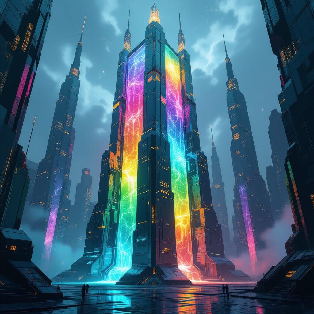 Futuristic Obsidian Building with Emerald and Gold Fluids