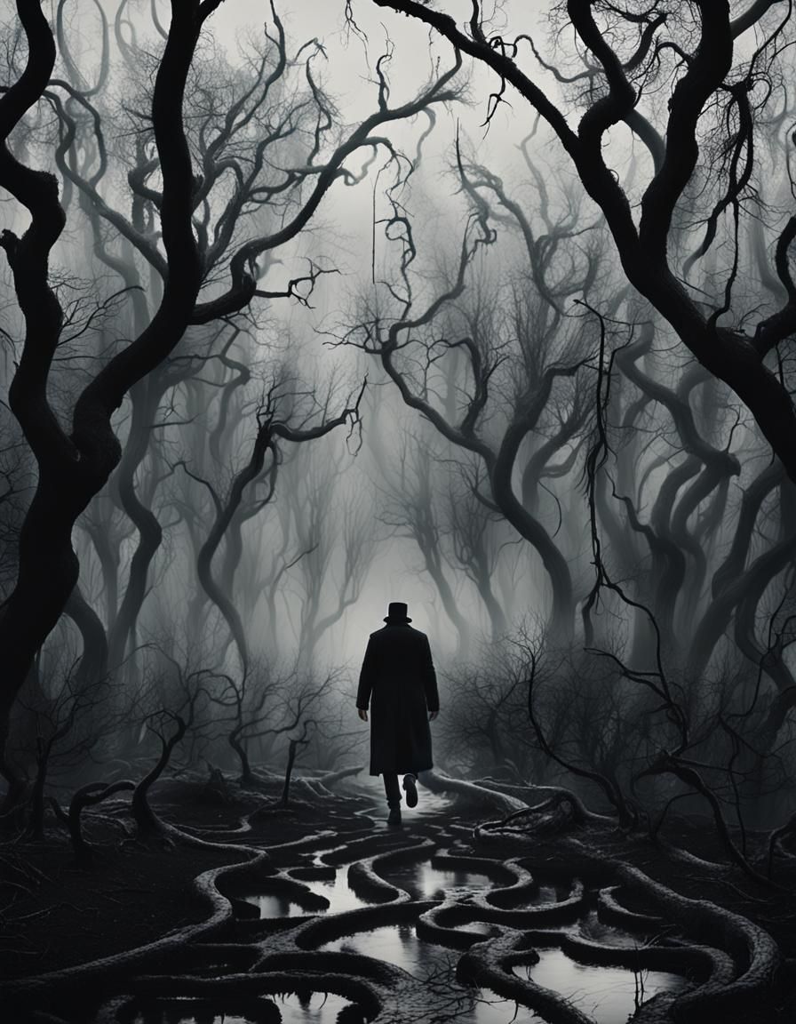 Eerie Monochrome Figure Walks Misty Swamp Path