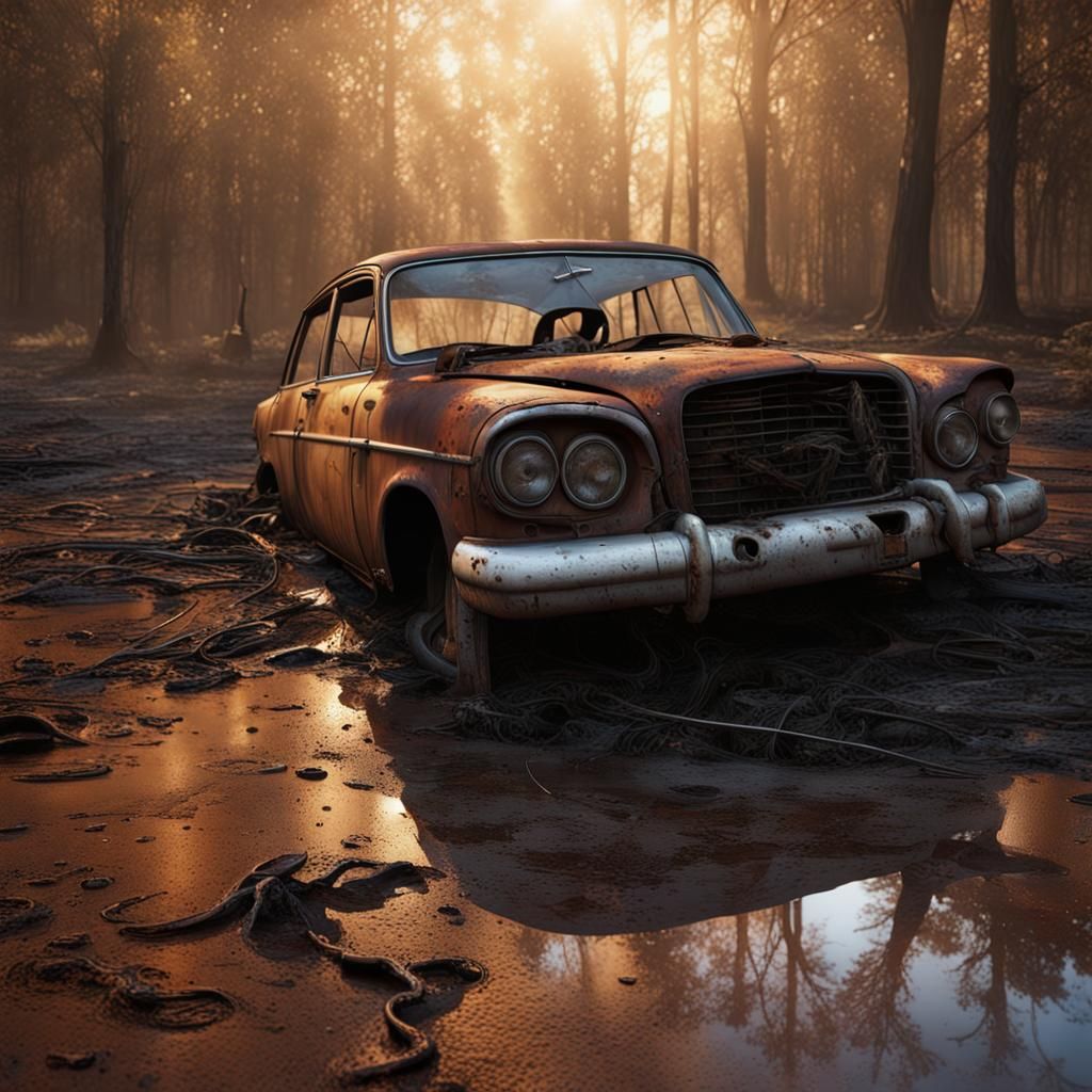 Abandoned Burnt Car: Photorealistic Derelict Scene