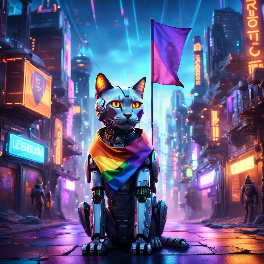 Robot Cat Embracing Pride in a Futuristic Metropolis