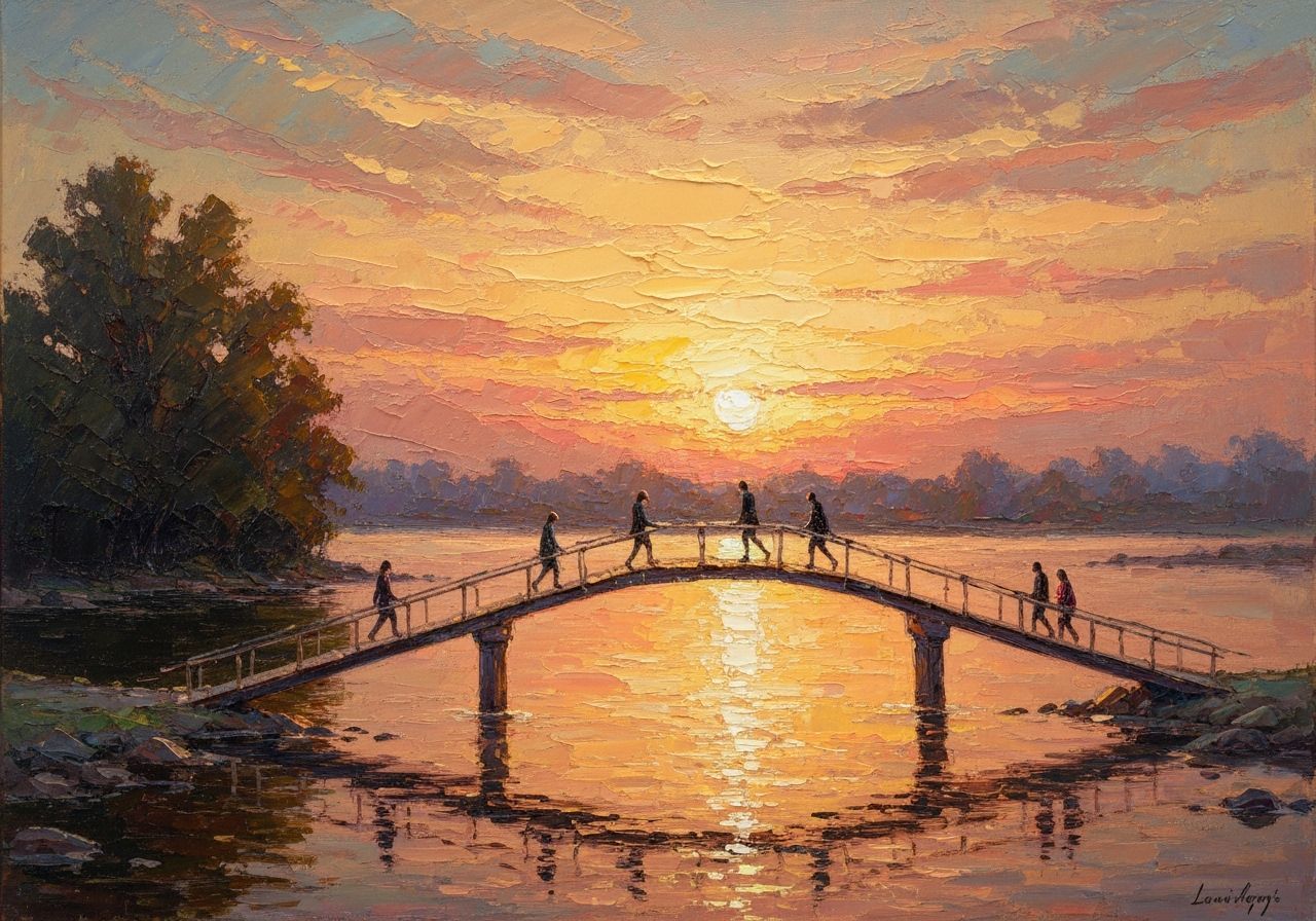 Sunset Bridge Over River of Time as Impasto Painting