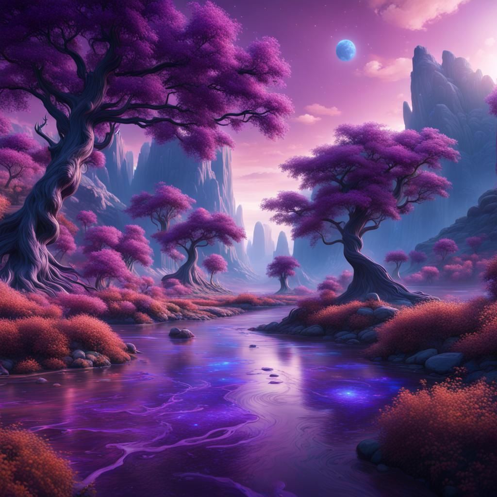 Valley with Purple River and Galaxy Sky