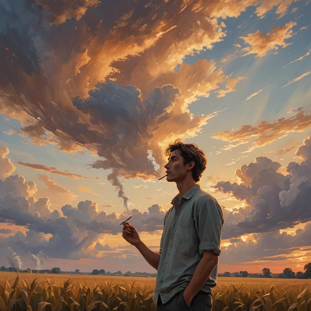 Introspective Young Man at Sunset in Impressionist Style