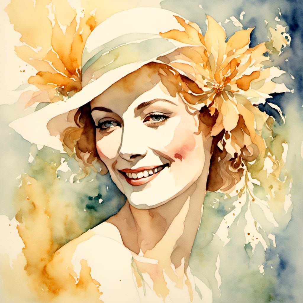 Watercolor Portrait with Art Deco Golden Accents