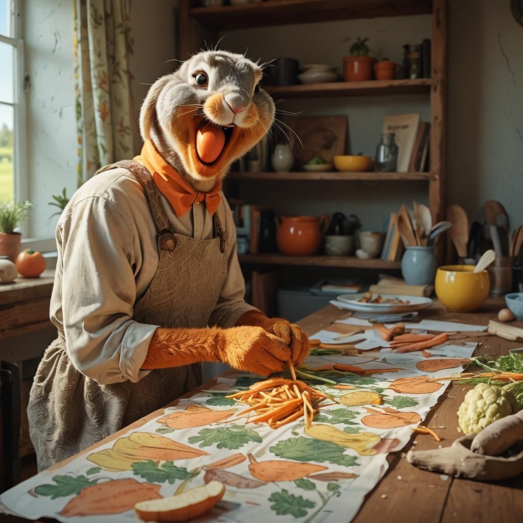 Happy Cartoon Rabbit with Carrot in Looney Toons Style